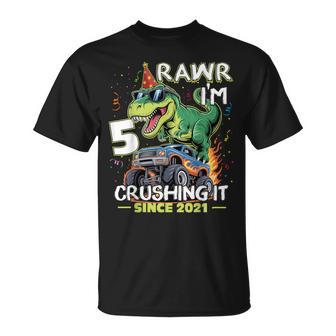 5Th Birthday Monster Truck Dinosaur 5 Years Old Birthday Boy T-Shirt - Monsterry