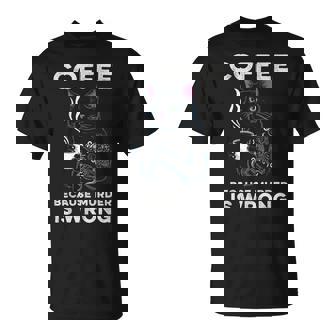 Black Cat Drinking Coffee Because Murder Is Wrong Retro For Women T-Shirt | Mazezy