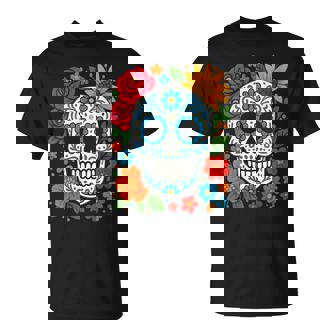 Calavera De Azúcar De Arte Popular Mexicano Con Rosas Y Girasoles Cuello Camiseta unisex - Regaloses