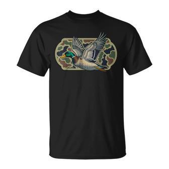 Camo Patriotic Mallard Duck Camouflage Flying Duck Hunting T-Shirt | Seseable UK