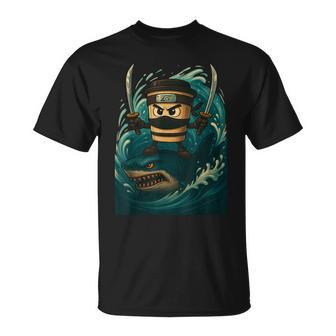 Capuchino Assassinoamurai Montando Tiburón Retro Gran Ola Camiseta unisex - Regaloses