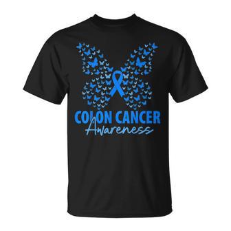 Colorectal Colon Cancer Awareness Blue Ribbon Butterfly T-Shirt | Mazezy