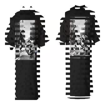 Comical Dachshund Encounters Mythical Creatures Bigfoot And Dachshund On Road Black Small Short Sleeve T-Shirt | Mazezy