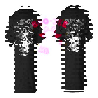 Cute Boo Jee Ghost Halloween Pink Leopard Bow Ghost T-Shirt | Mazezy