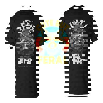 Cute But Feral Raccoon Retro Sunset Sarcastic Saying T-Shirt - Monsterry