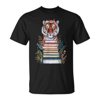 Cute Tiger With Book Floral Bookworm Librarian Book Lover T-Shirt - Thegiftio UK