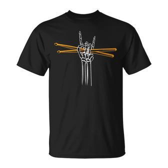 Drummer Drum Sticks Drumming Skeleton Hand T-Shirt - Thegiftio UK