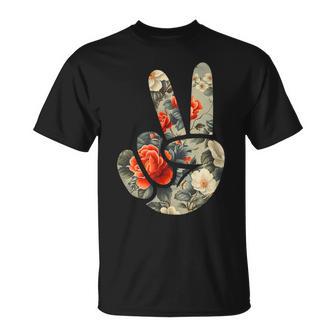 Elegant Silhouette Wildflowers Floral Peace Sign Hand T-Shirt | Mazezy