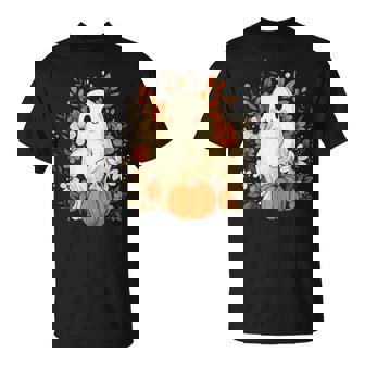 Fantôme Mignon Enceinte Entouré De Fleurs D'automne Maman Citrouille T-Shirt - Cadeauxyz