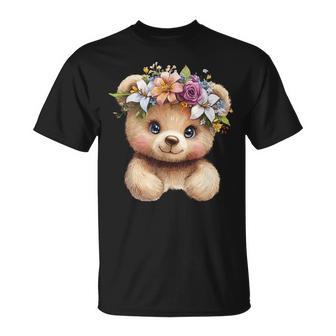 Floral Crown Teddy Bear Illustration T-Shirt - Monsterry