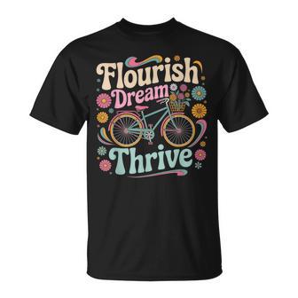 Flourish Dream Thrive Bicycle Floral Inspirational Quote T-Shirt - Monsterry