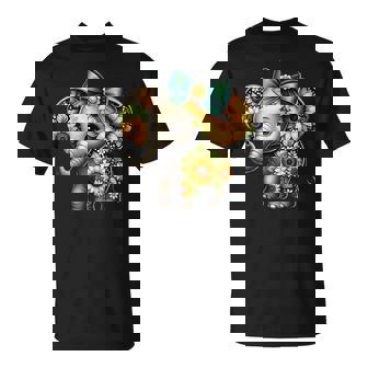 Flower Elephant Sunflower Flower Bow Graphic Girls T-Shirt - Monsterry