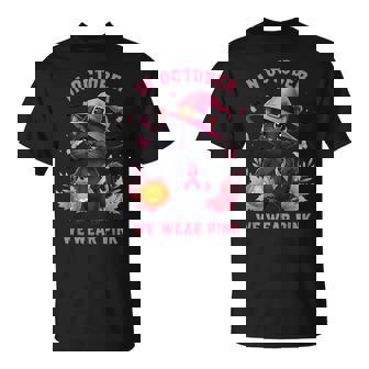 Fun Cat Pink Ribbon In October We Wear Pink Breast Cancer T-Shirt - Monsterry