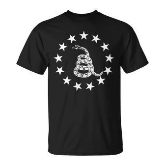 Gadsden Rattlesnake Betsy Ross Bandera Anillo De Estrellas Patriota Camiseta unisex - Regaloses