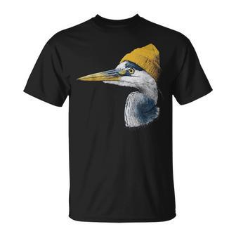 Great Blue Heron Birding Yellow Beanie T-Shirt - Monsterry