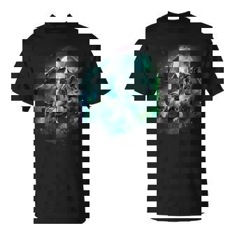 Grey Wolf Hunting In The Forest Under Full Moon And Aurora T-Shirt - Thegiftio