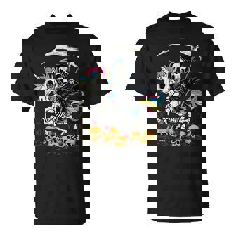 Grim Reaper Riding Unicorn Skeleton Skull Death Halloween T-Shirt | Mazezy