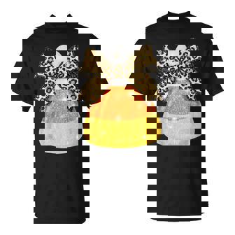 Halloween Candy Corn Leopard Coquette Bow Spooky Season T-Shirt | Mazezy