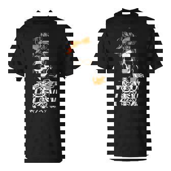 Halloween Skeleton Messy Bun Coffee Costume Mom Women T-Shirt - Monsterry