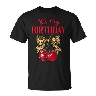 It's My Birthday Cute Cherry Leopard Coquette Bow Birthday T-Shirt - Seseable