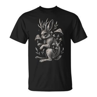 Jackalope Mushroom Bunny Rabbit Dark Fairycore Forest Horror T-Shirt - Monsterry