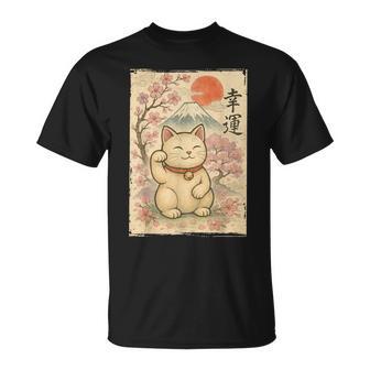 Japanese Anime Maneki Neko Waving Cat Good Luck Kanji Lucky T-Shirt - Thegiftio