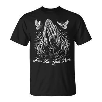 Jesus Has Your Back Prayer Hands Chicano Tattoo Doves Rosary T-Shirt - Thegiftio UK