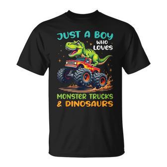 Just A Boy Who Loves Monster Trucks And Dinosaurs T-Rex T-Shirt - Thegiftio UK