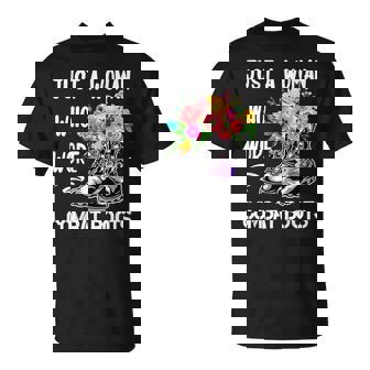 Just A Woman Who Wore Combat Boots Flowers Veteran's Day T-Shirt | Seseable UK