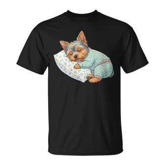 Lindo Perro Yorkshire Terrier Durmiendo En Pijama Arte Para Dormir Cuello Camiseta unisex - Regaloses