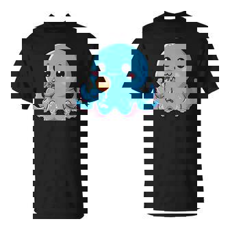 Lindo Pulpo Comiendo Donut Kawaii Dibujos Animados Japon Manga Larga Camiseta unisex - Regaloses