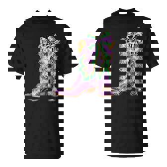 Mardi Gras Western Cowgirl Boots Coquette Bow Girls T-Shirt | Seseable UK