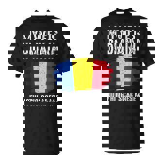 Mi Esposa Es Rumana Rumania Orgullo Bandera Patrimonio Raíces Orgulloso Camiseta unisex - Regaloses