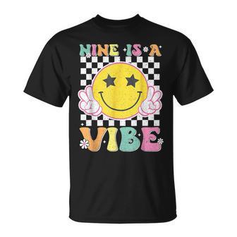 Nine Is A Vibe 9Th Birthday Groovy Smile Face 9 Years Old T-Shirt - Monsterry