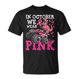 In October We Wear Pink Breast Cancer Monster Truck Dinosaur T-Shirt - Thegiftio UK
