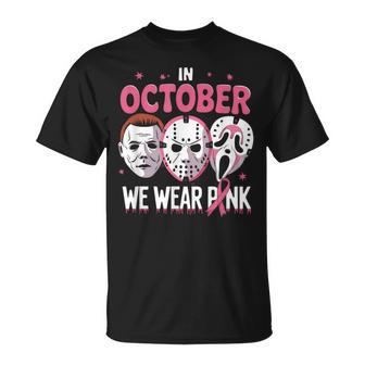 In October We Wear Pink Ghost Halloween Cancer Awareness T-Shirt | Mazezy