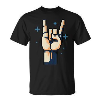 Pixel Rock Horn Hands 8 Bits Retro Metal Geste T-Shirt - Cadeauxyz