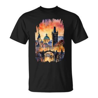 Praga Pintura Acuarela Arteintage Atardecer Prague Camiseta unisex - Regaloses