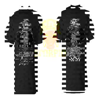 Scorpio Season Black Woman With Camo Hat Birthday Girls T-Shirt | Mazezy