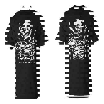 Skeleton Drinking Coffee Gothic Peace Sign Halloween Hippie T-Shirt - Monsterry