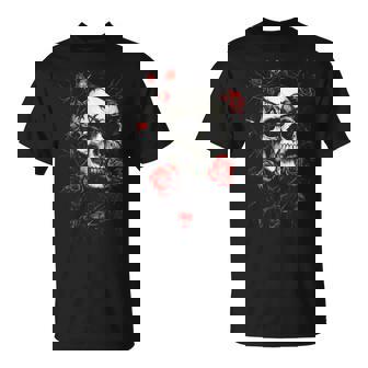 Skull Art Roses Red Floral Goth Gothic Art Punk Biker T-Shirt | Mazezy