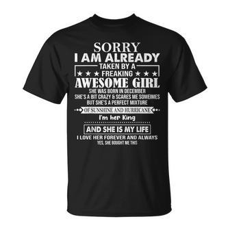 Sorry I Am Already Taken By A Freaking Awesome Girl December T-Shirt - Thegiftio UK