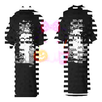 Spooky Cute Ghost Drinking Iced Coffee Pumpkin Bow Halloween T-Shirt | Seseable CA