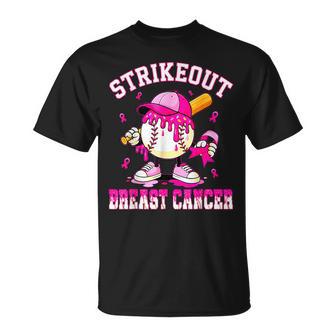 Strike Out Breast Cancer Awareness Baseball Drip Pink Ribbon T-Shirt - Thegiftio UK