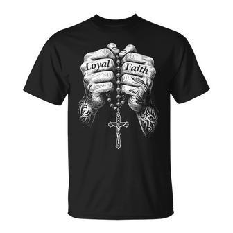 Tattooed Hands Rosary Cross Religious Chicano Mexican T-Shirt | Mazezy