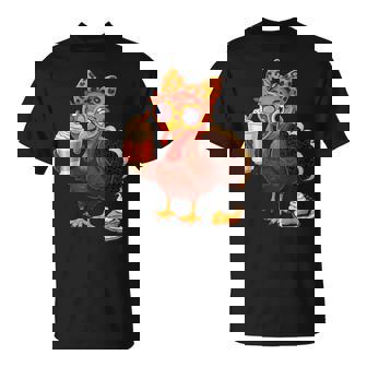 Thanksgiving Fall Turkey Drinking Coffee Leopard T-Shirt - Monsterry