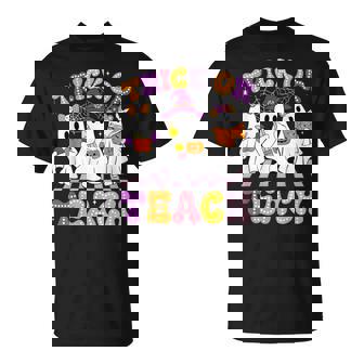 Trick Or Teach Groovy Floral Ghost Halloween Teacher T-Shirt - Monsterry