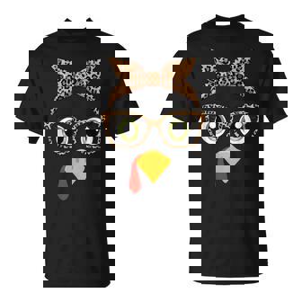 Turkey Face Girl Leopard Bow Headband Glasses Thanksgiving T-Shirt - Monsterry