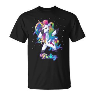 Vicky Nombre Personalizado Personalizado Rainbow Unicorn Dabbing Camiseta unisex - Regaloses