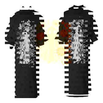 Vintage Floral Ghost Groovy Halloween Spooky Girls Women T-Shirt | Mazezy